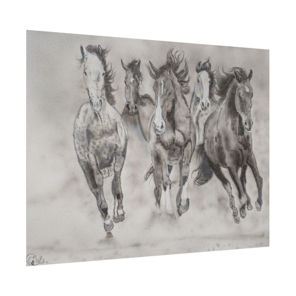 Horse Run Poster — Black & White Galloping Horses Wall Art (Rolled Poster)