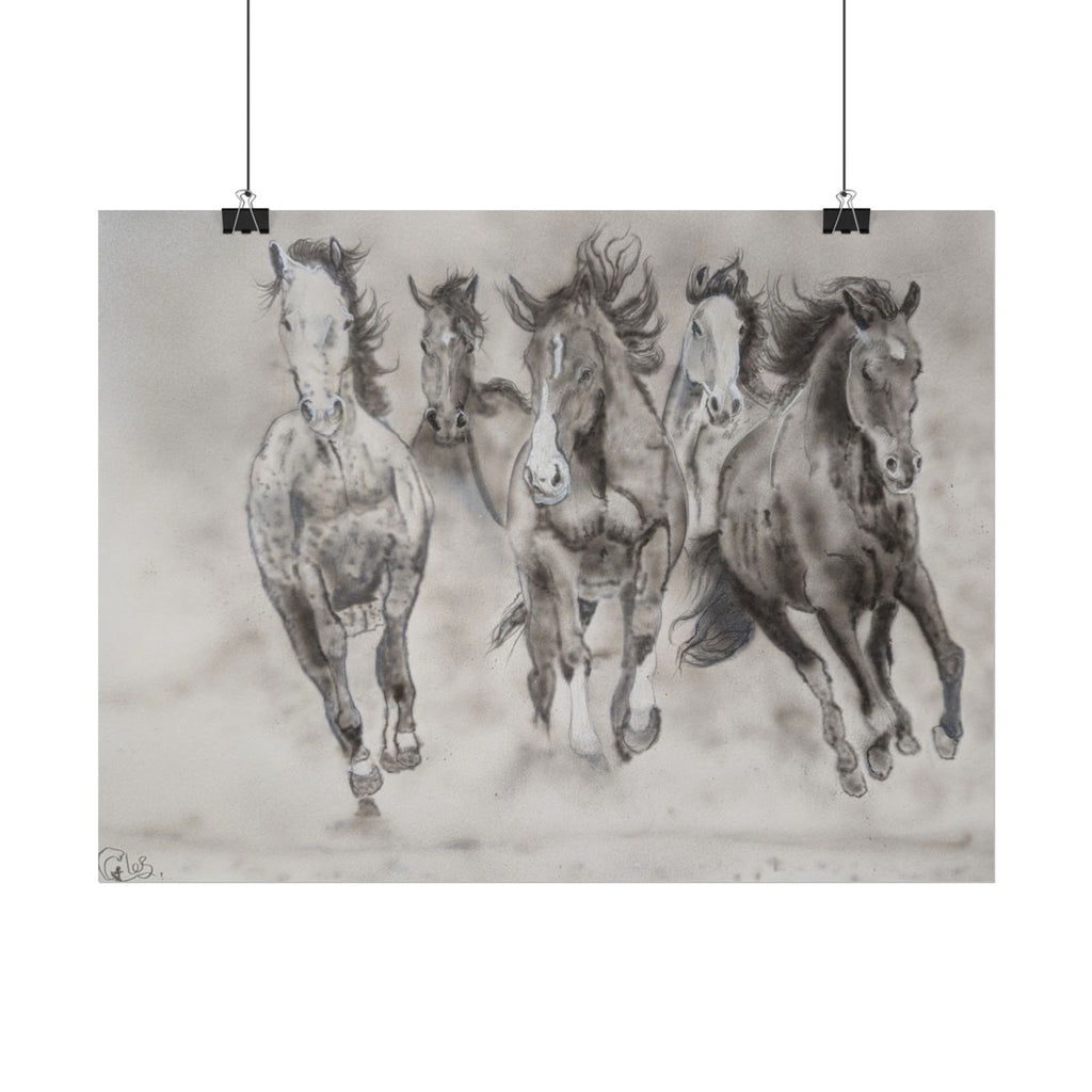 Horse Run Poster — Black & White Galloping Horses Wall Art (Rolled Poster)
