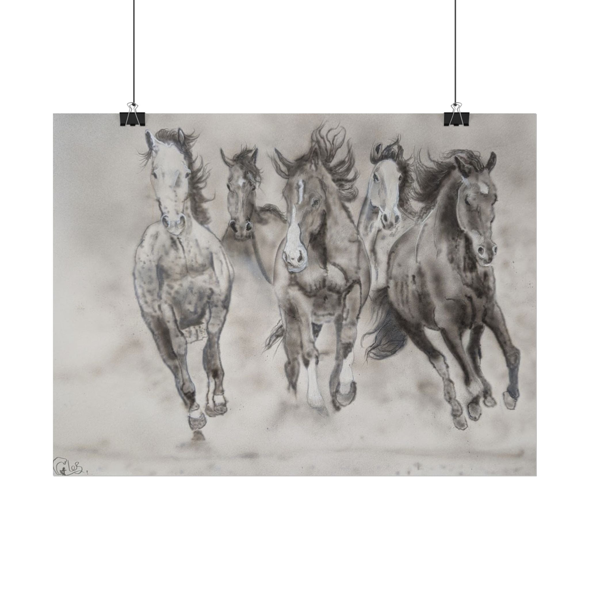 Horse Run Poster — Black & White Galloping Horses Wall Art (Rolled Poster)