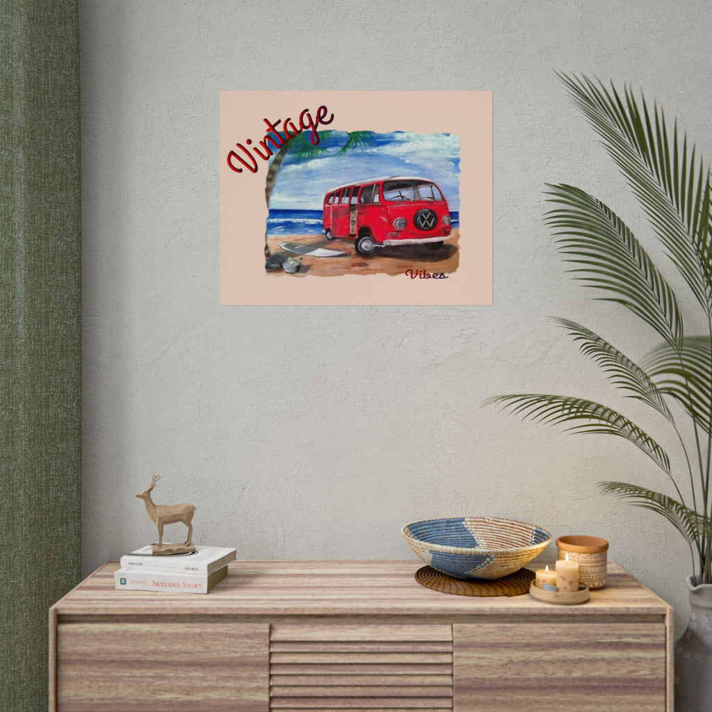 Vintage Red VW Bus Poster | Rolled Poster, Beach Surf Van Wall Art