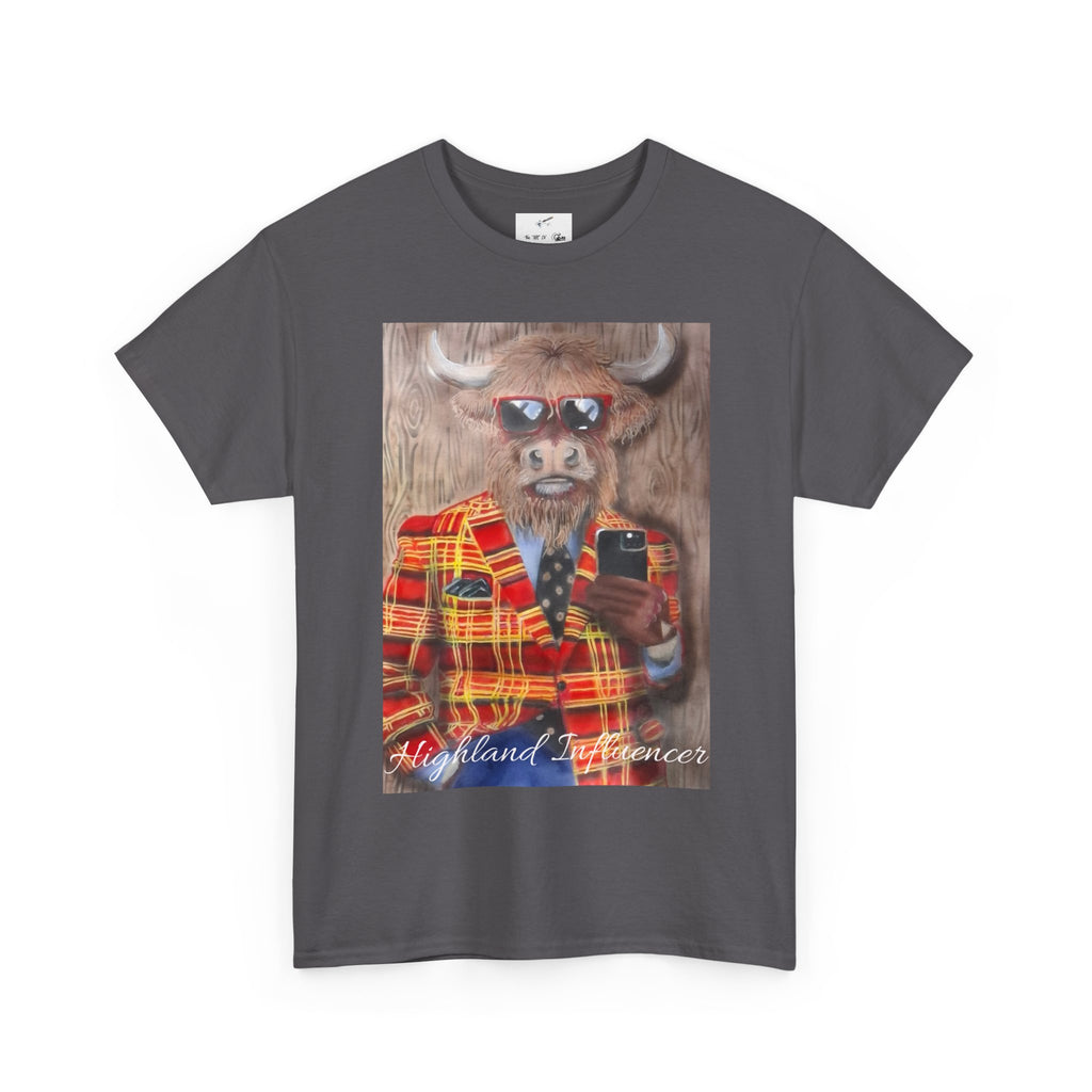 Highland Cow Portrait T‑Shirt — ‘Highland Influencer’ Plaid Jacket Graphic Tee