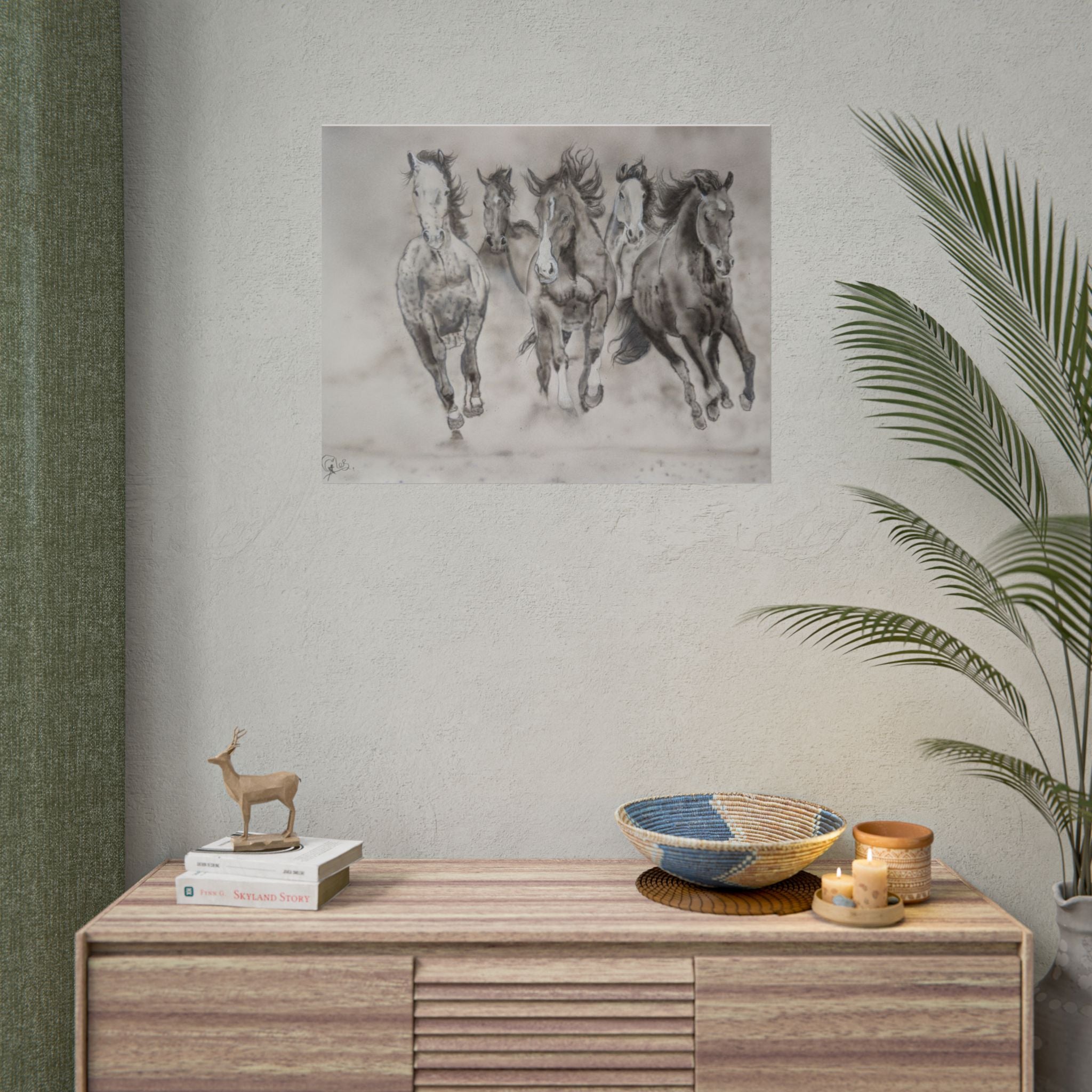 Horse Run Poster — Black & White Galloping Horses Wall Art (Rolled Poster)