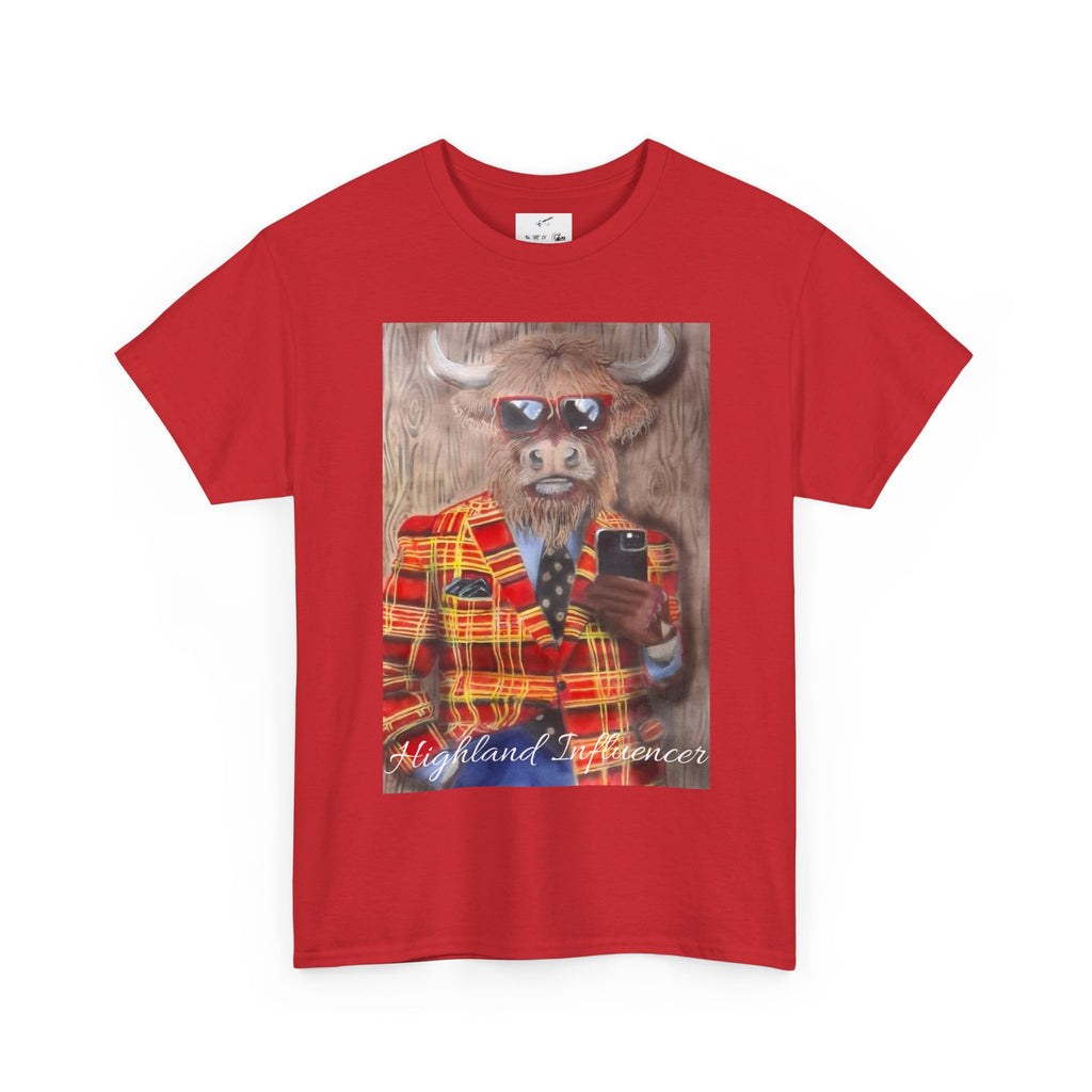 Highland Cow Portrait T‑Shirt — ‘Highland Influencer’ Plaid Jacket Graphic Tee