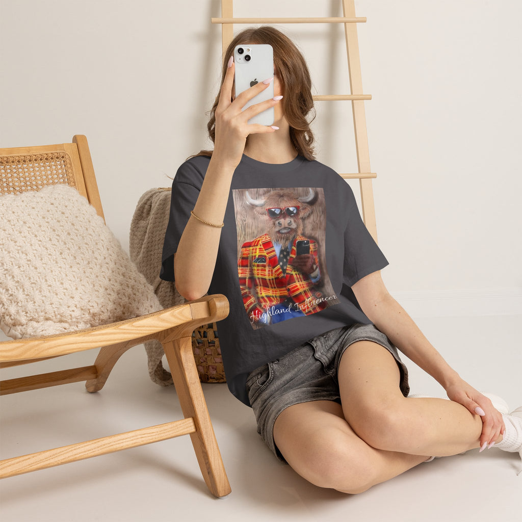 Highland Cow Portrait T‑Shirt — ‘Highland Influencer’ Plaid Jacket Graphic Tee
