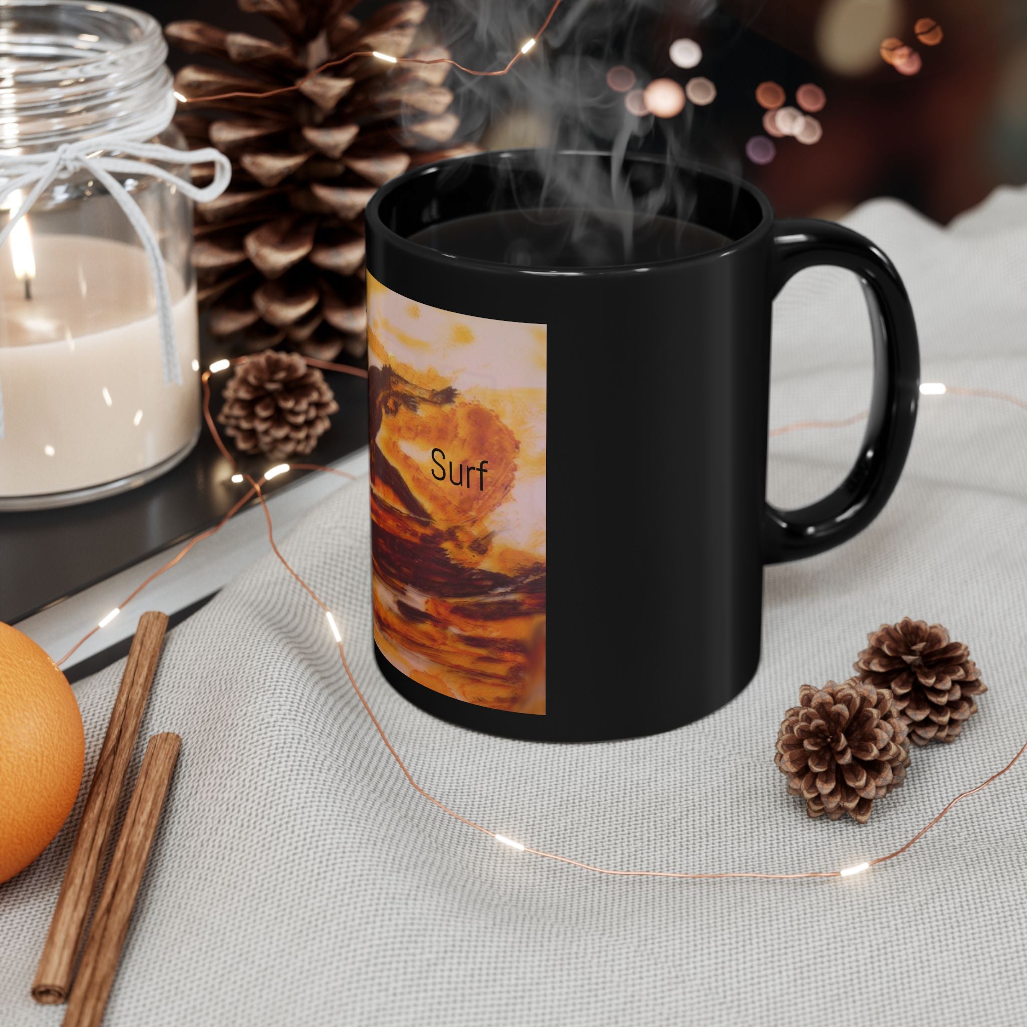 Retro Surf Black Mug — Vintage Surfing Sunset Design (11oz, 15oz)