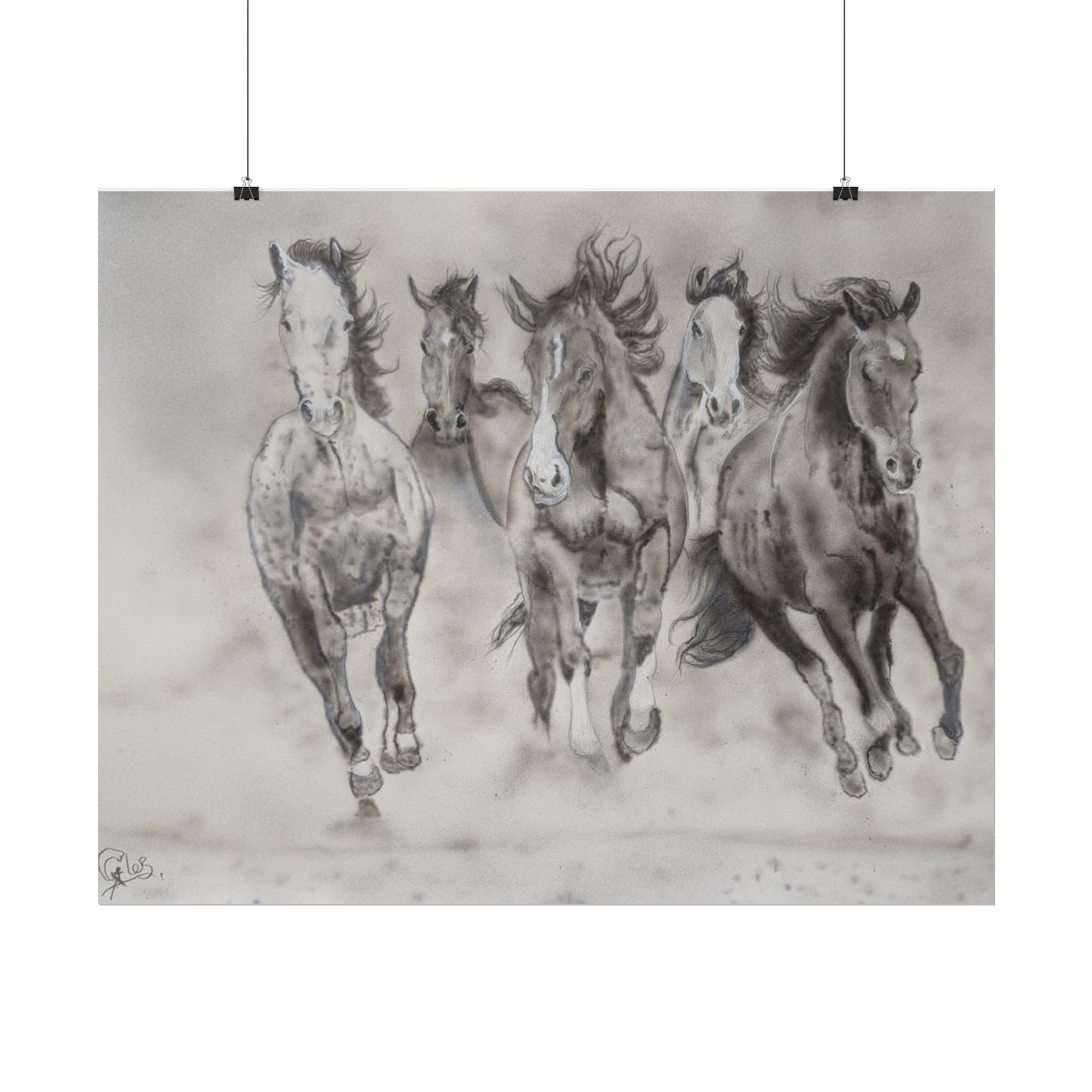 Horse Run Poster — Black & White Galloping Horses Wall Art (Rolled Poster)
