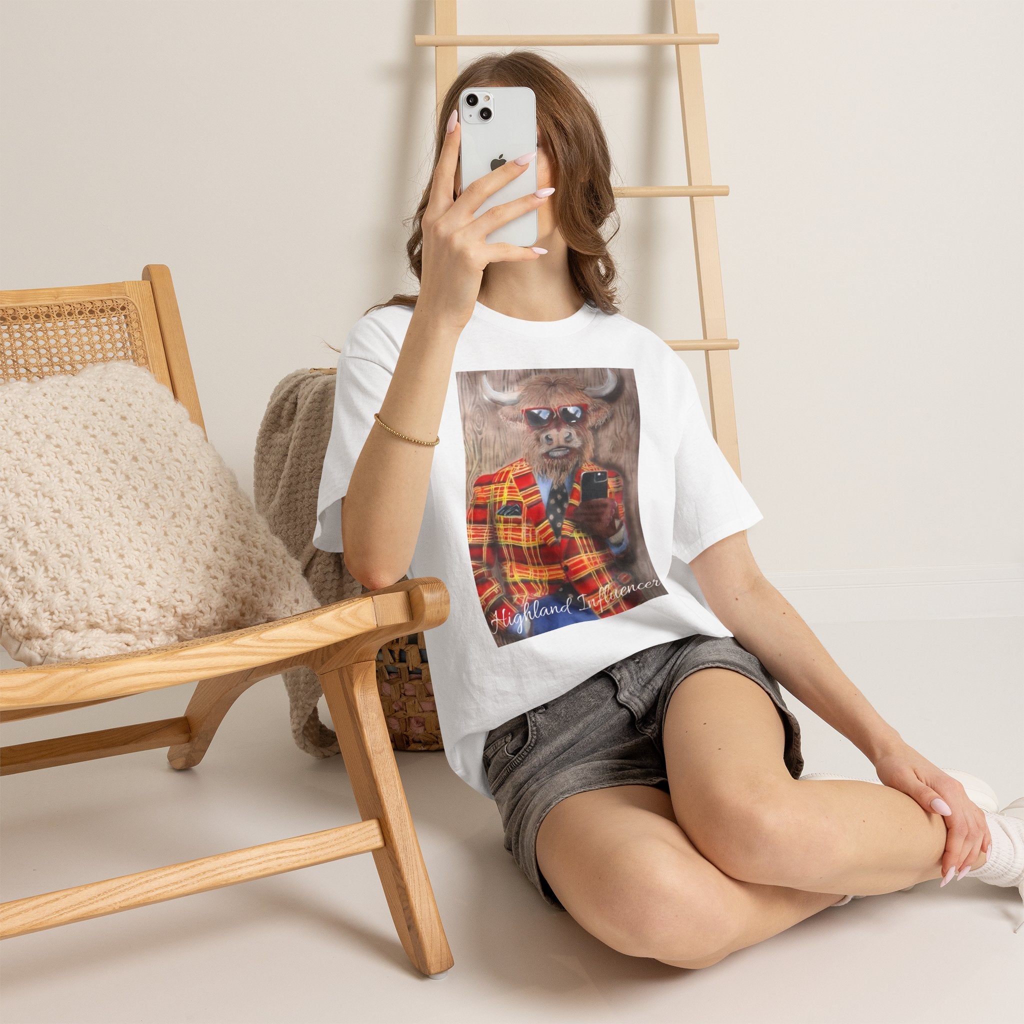 Highland Cow Portrait T‑Shirt — ‘Highland Influencer’ Plaid Jacket Graphic Tee