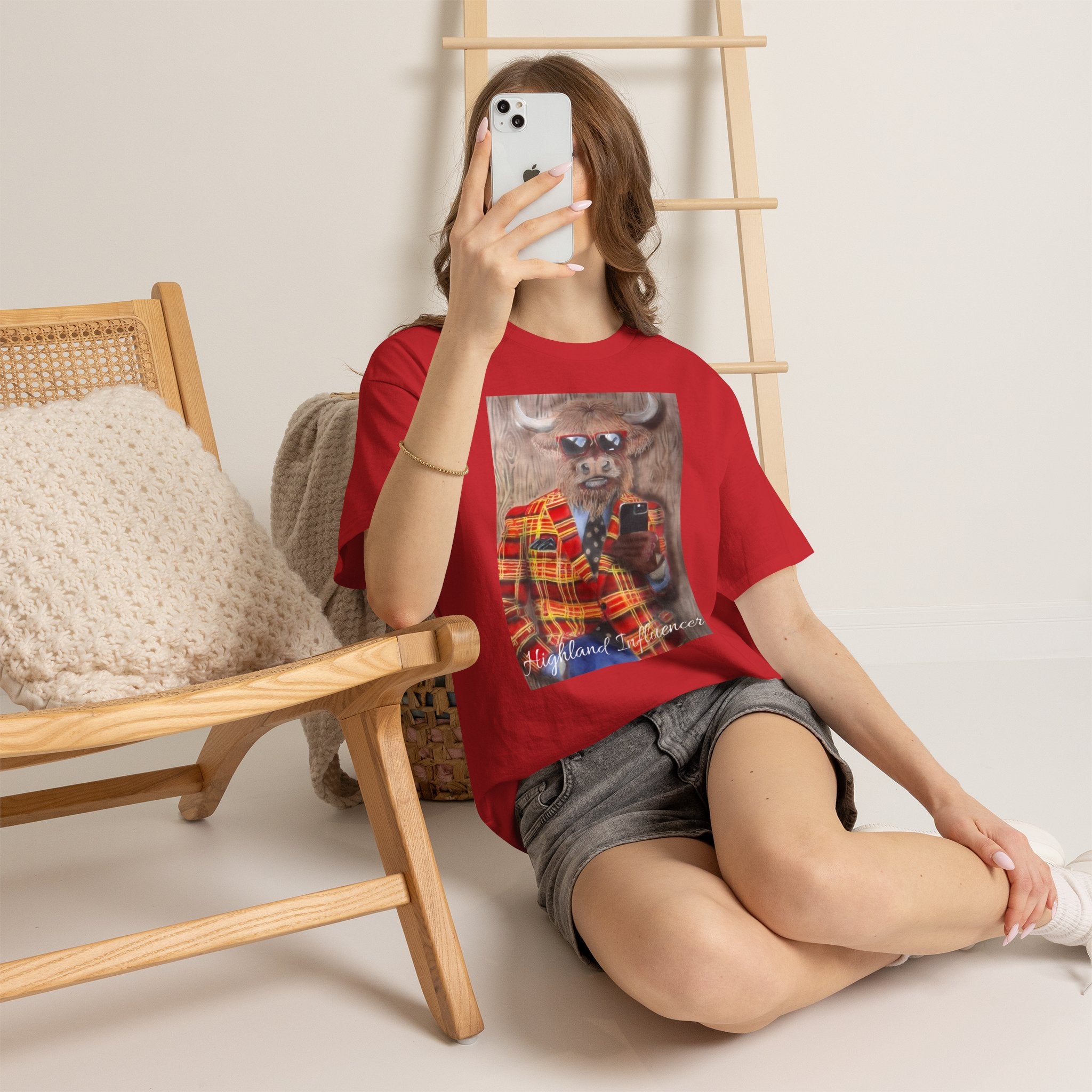 Highland Cow Portrait T‑Shirt — ‘Highland Influencer’ Plaid Jacket Graphic Tee