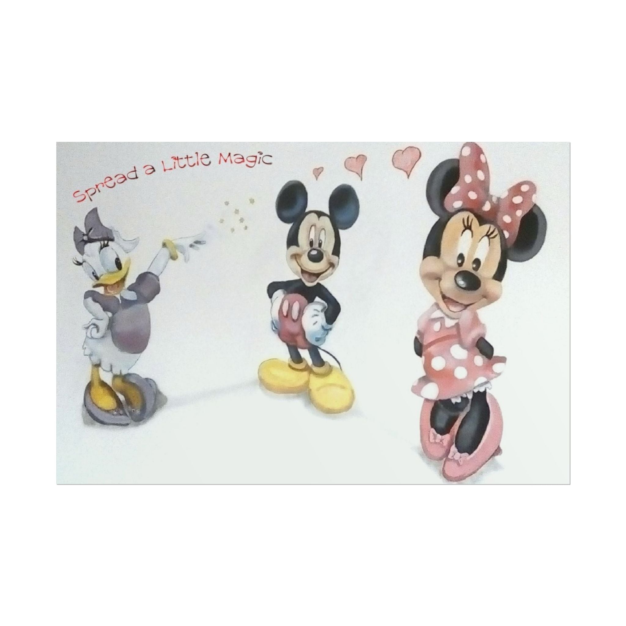 A rectangular wall decal or print featuring Disney's Mickey Mouse, Minnie Mouse, and Daisy Duck in a whimsical, painted style with the text 'Spread a little Magic' and small hearts on a white background.