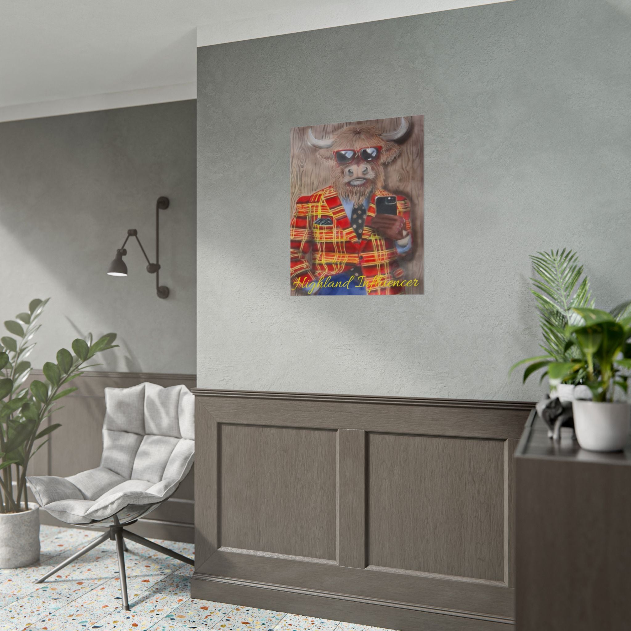 Highland Influencer Rolled Poster — Highland Cow in Tartan Blazer
