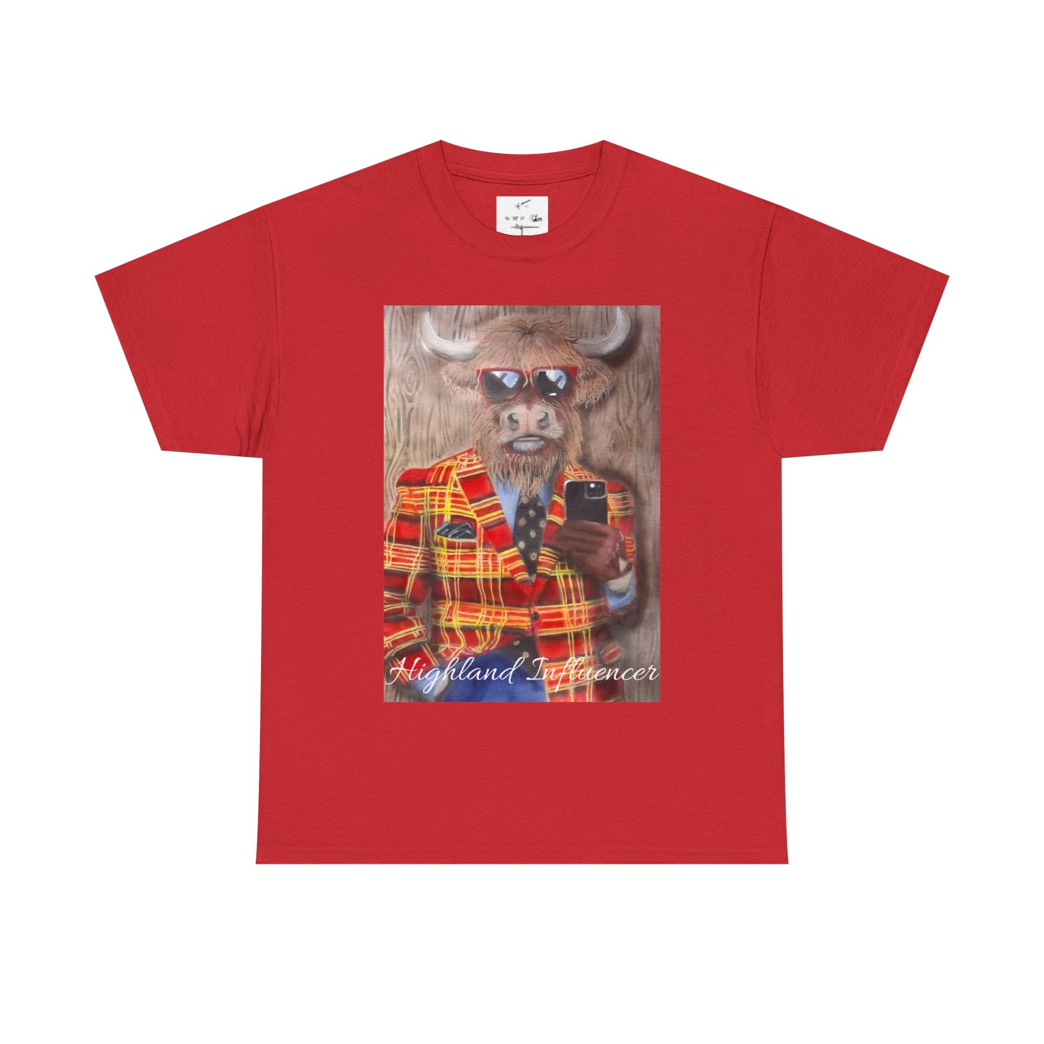 Highland Cow Portrait T‑Shirt — ‘Highland Influencer’ Plaid Jacket Graphic Tee