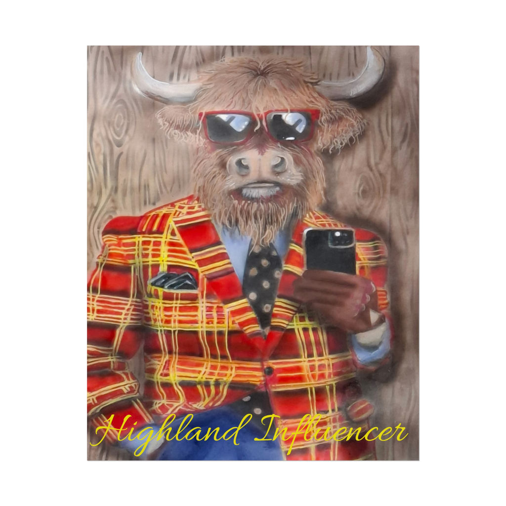 Highland Influencer Rolled Poster — Highland Cow in Tartan Blazer