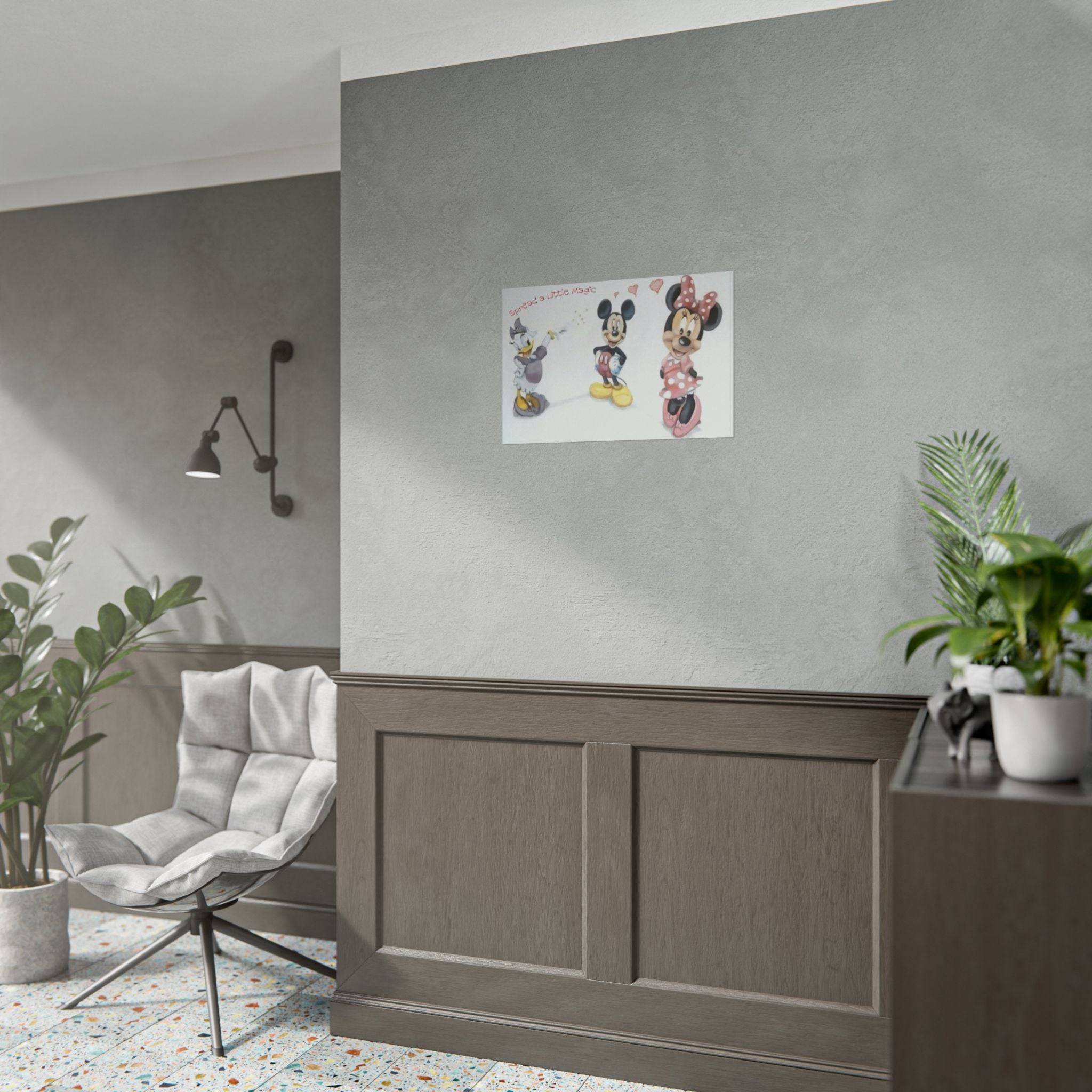 Modern interior with a gray wall, white chair, and decorative plants.