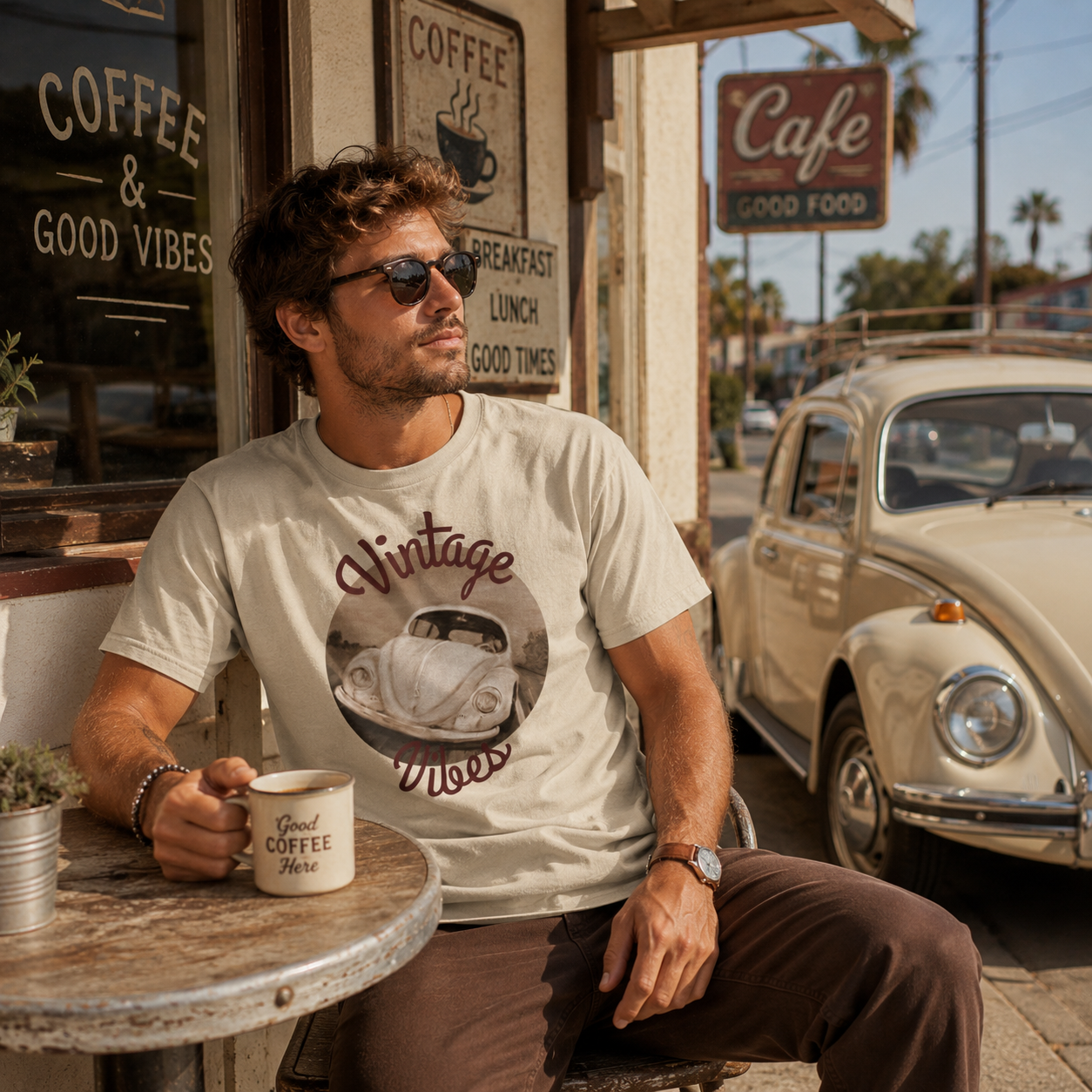 Vintage Vibes T-Shirt — Retro Beetle Car Graphic Tee