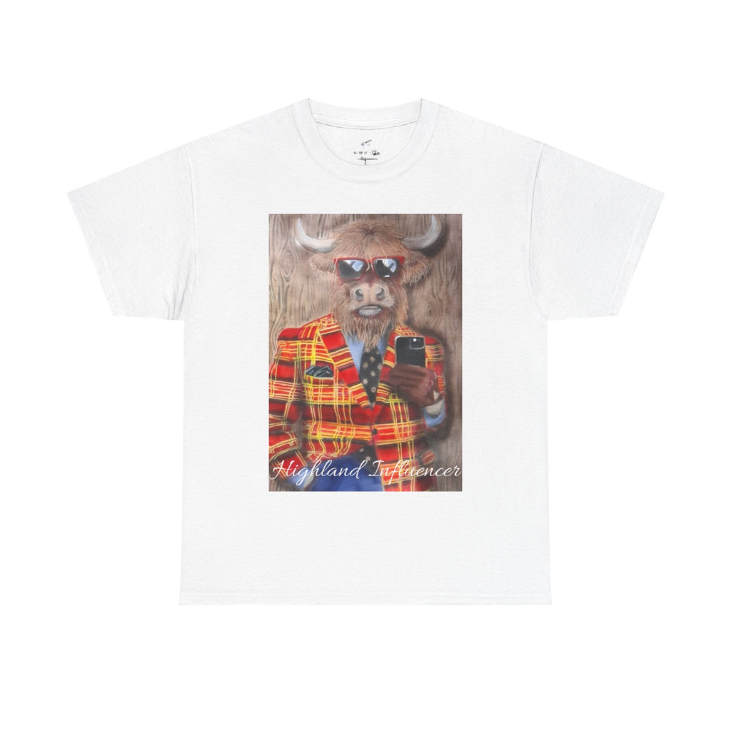 Highland Cow Portrait T‑Shirt — ‘Highland Influencer’ Plaid Jacket Graphic Tee