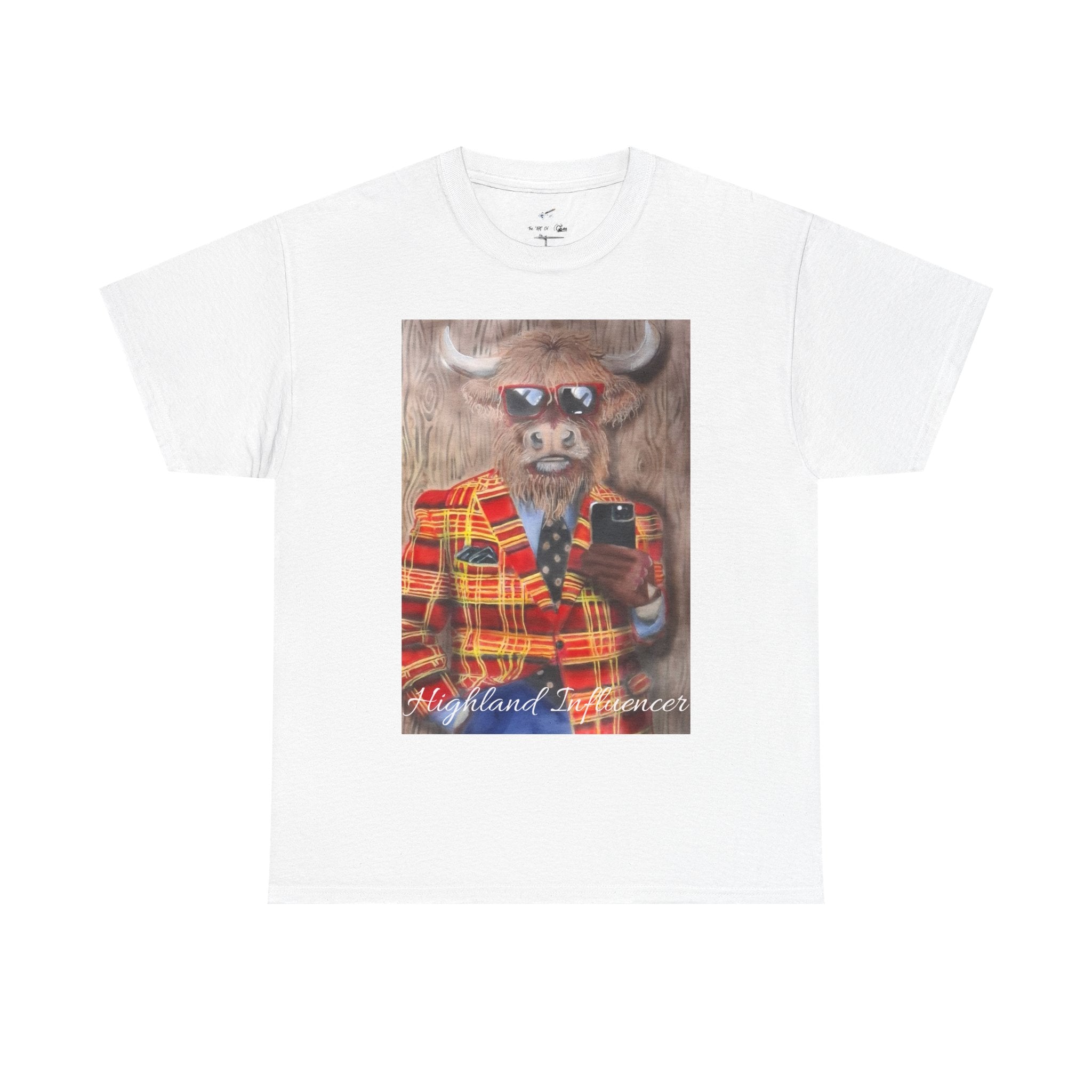 Highland Cow Portrait T‑Shirt — ‘Highland Influencer’ Plaid Jacket Graphic Tee