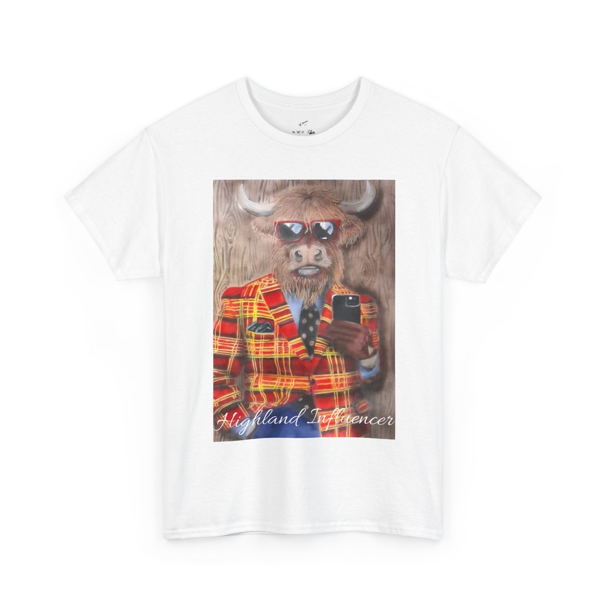 Highland Cow Portrait T‑Shirt — ‘Highland Influencer’ Plaid Jacket Graphic Tee