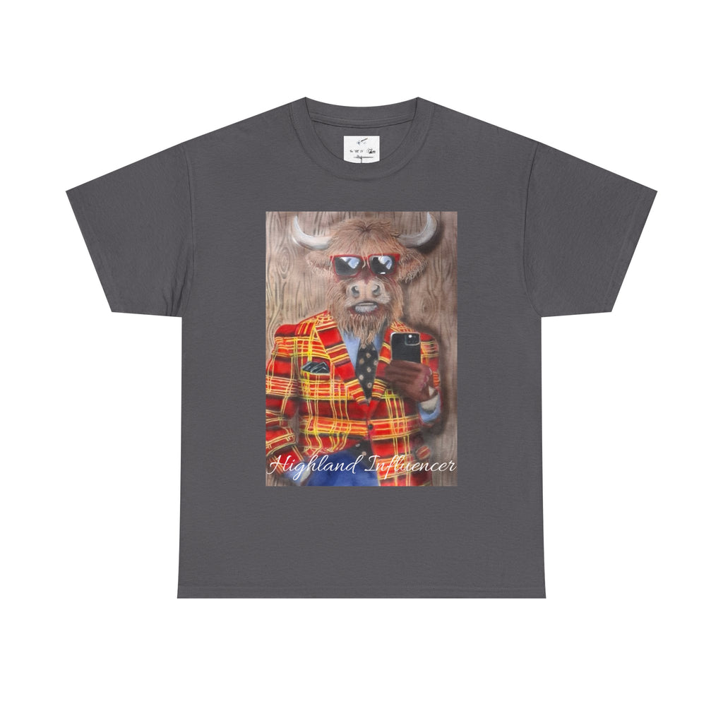 Highland Cow Portrait T‑Shirt — ‘Highland Influencer’ Plaid Jacket Graphic Tee