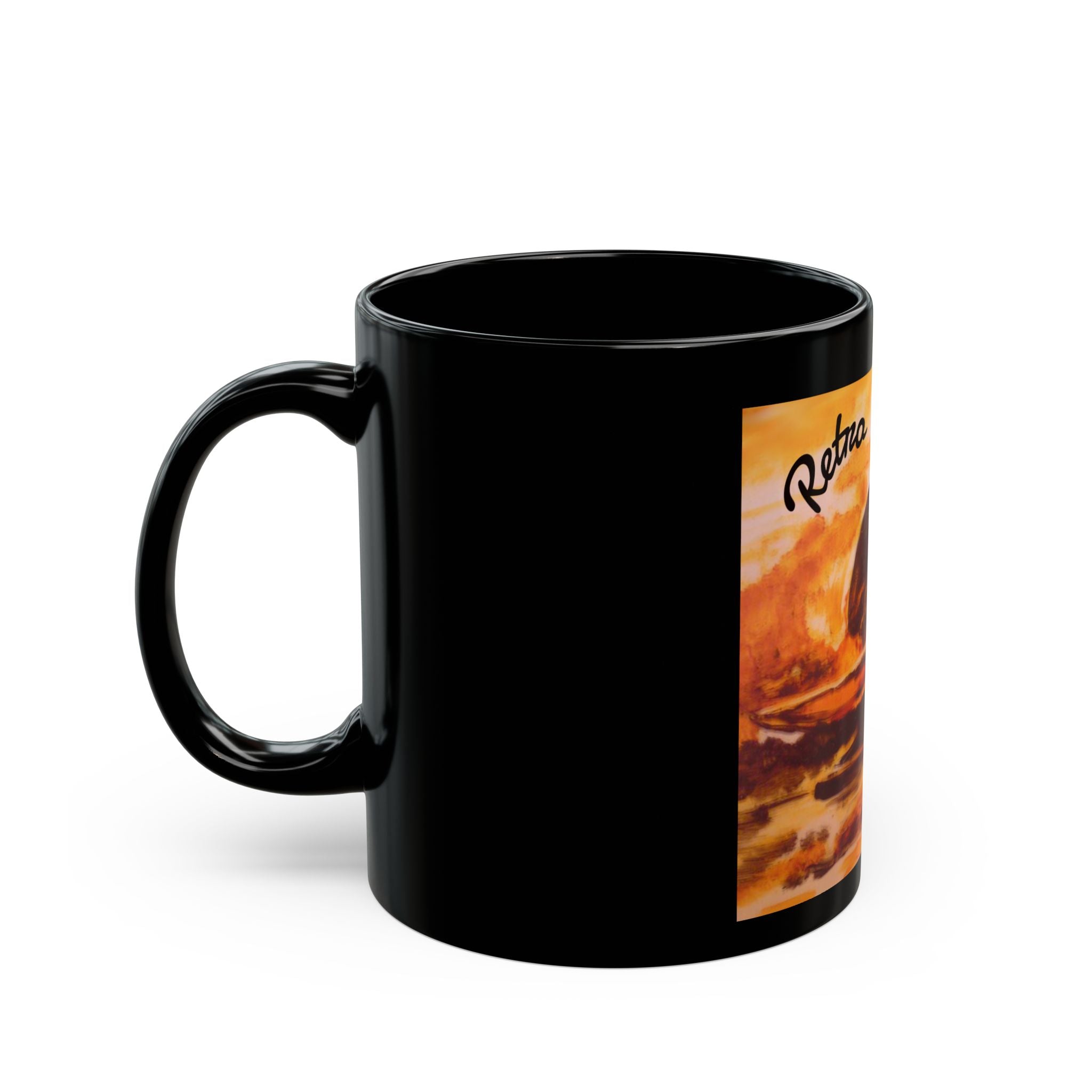 Retro Surf Black Mug — Vintage Surfing Sunset Design (11oz, 15oz)