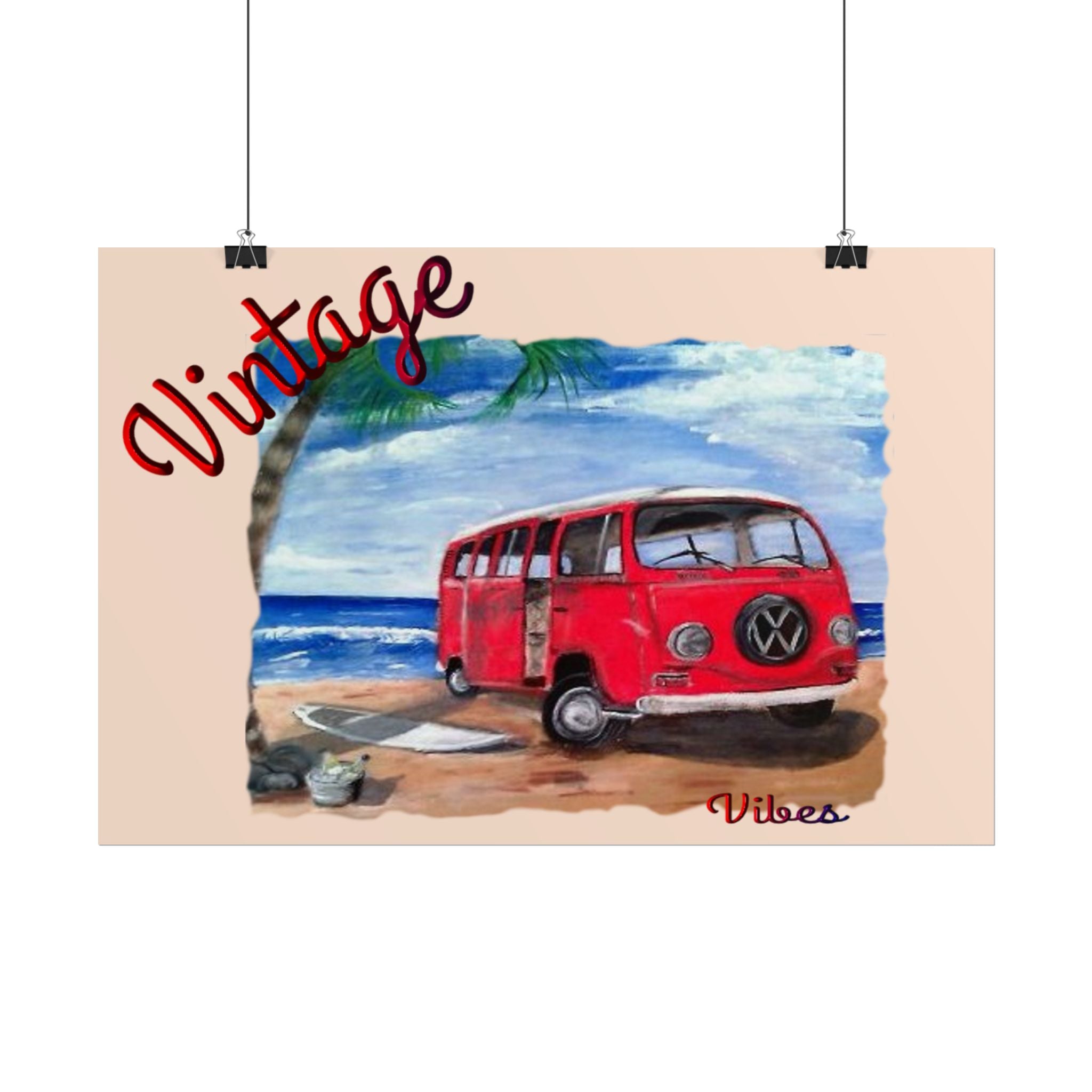 Vintage Red VW Bus Poster | Rolled Poster, Beach Surf Van Wall Art