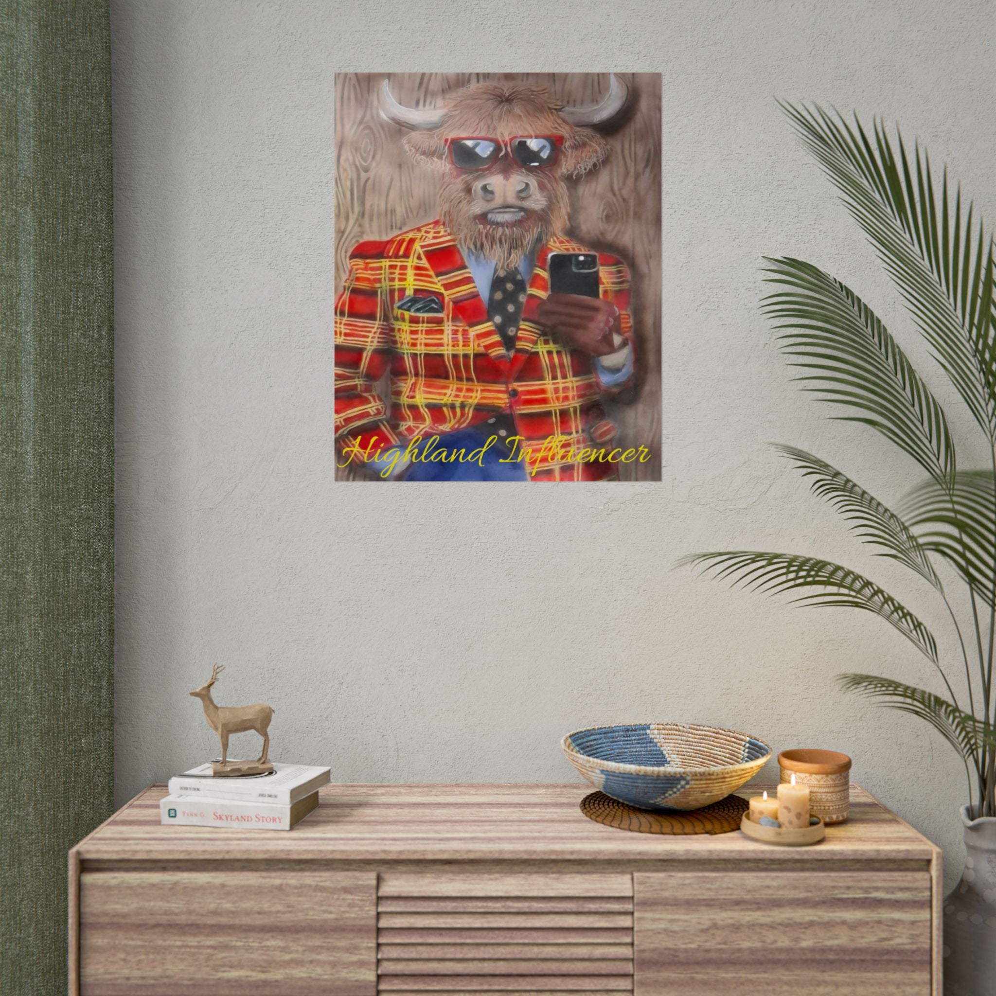 Highland Influencer Rolled Poster — Highland Cow in Tartan Blazer
