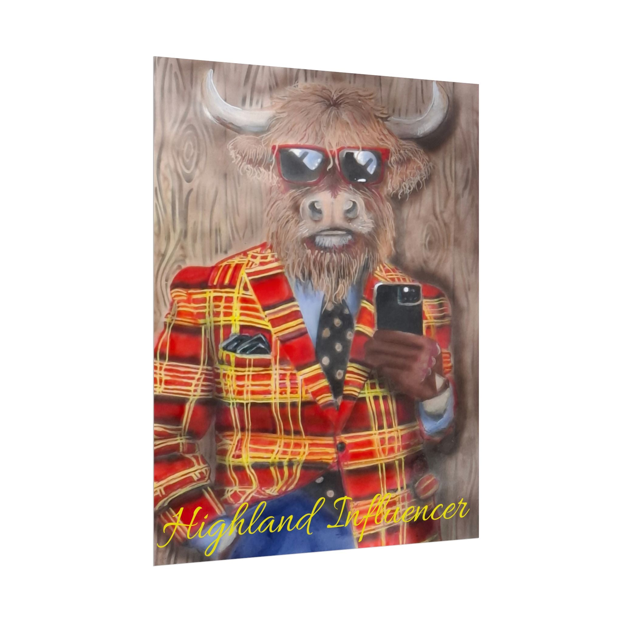 Highland Influencer Rolled Poster — Highland Cow in Tartan Blazer