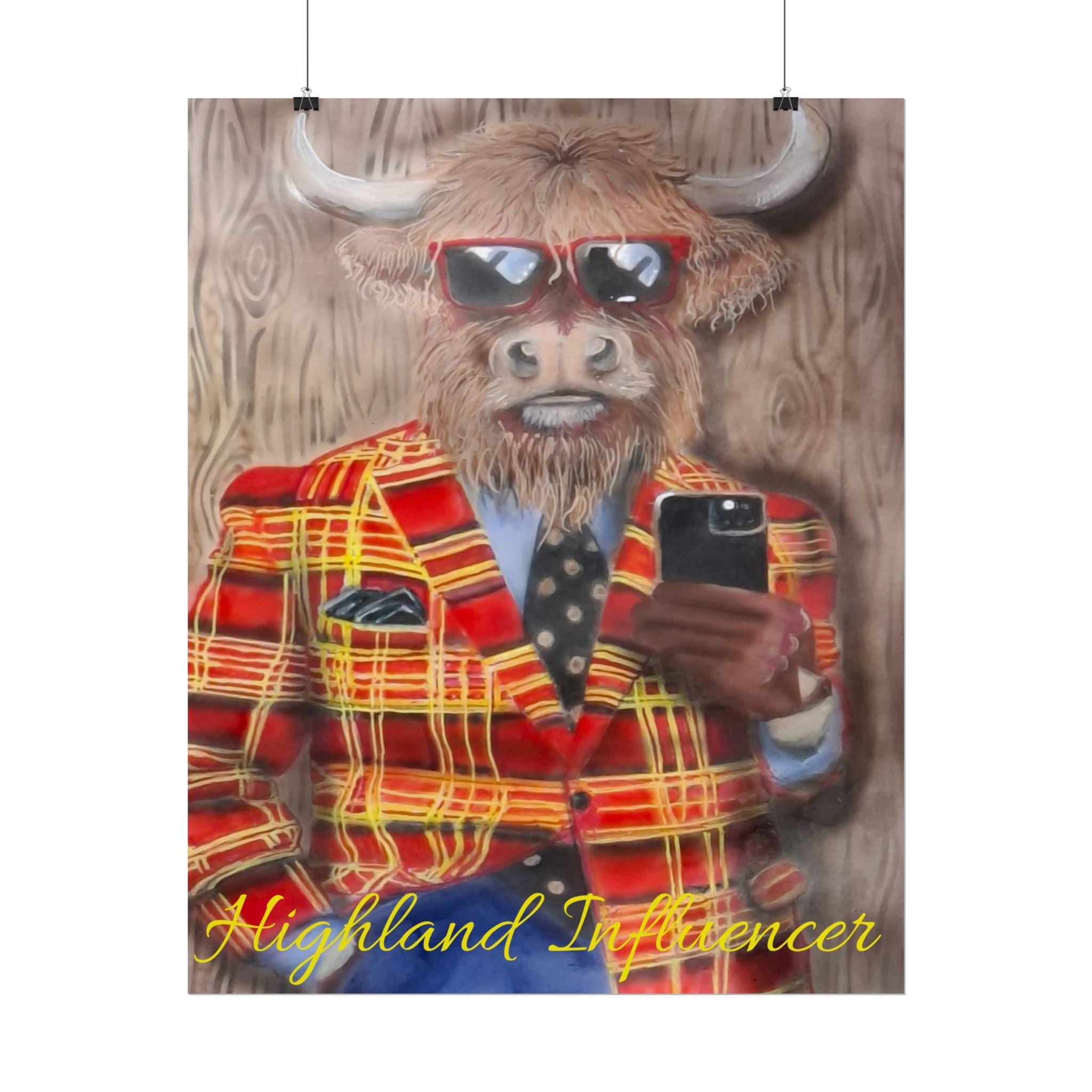 Highland Influencer Rolled Poster — Highland Cow in Tartan Blazer