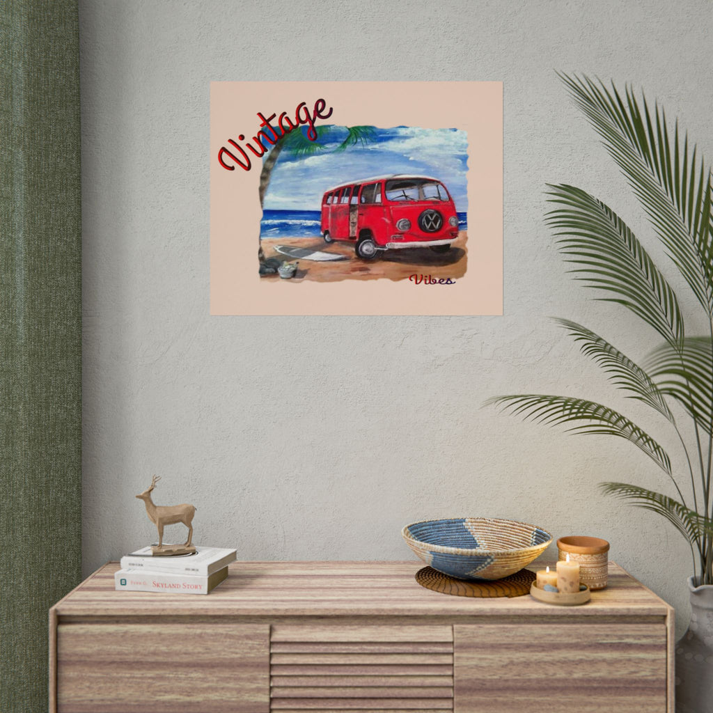 Vintage Red VW Bus Poster | Rolled Poster, Beach Surf Van Wall Art