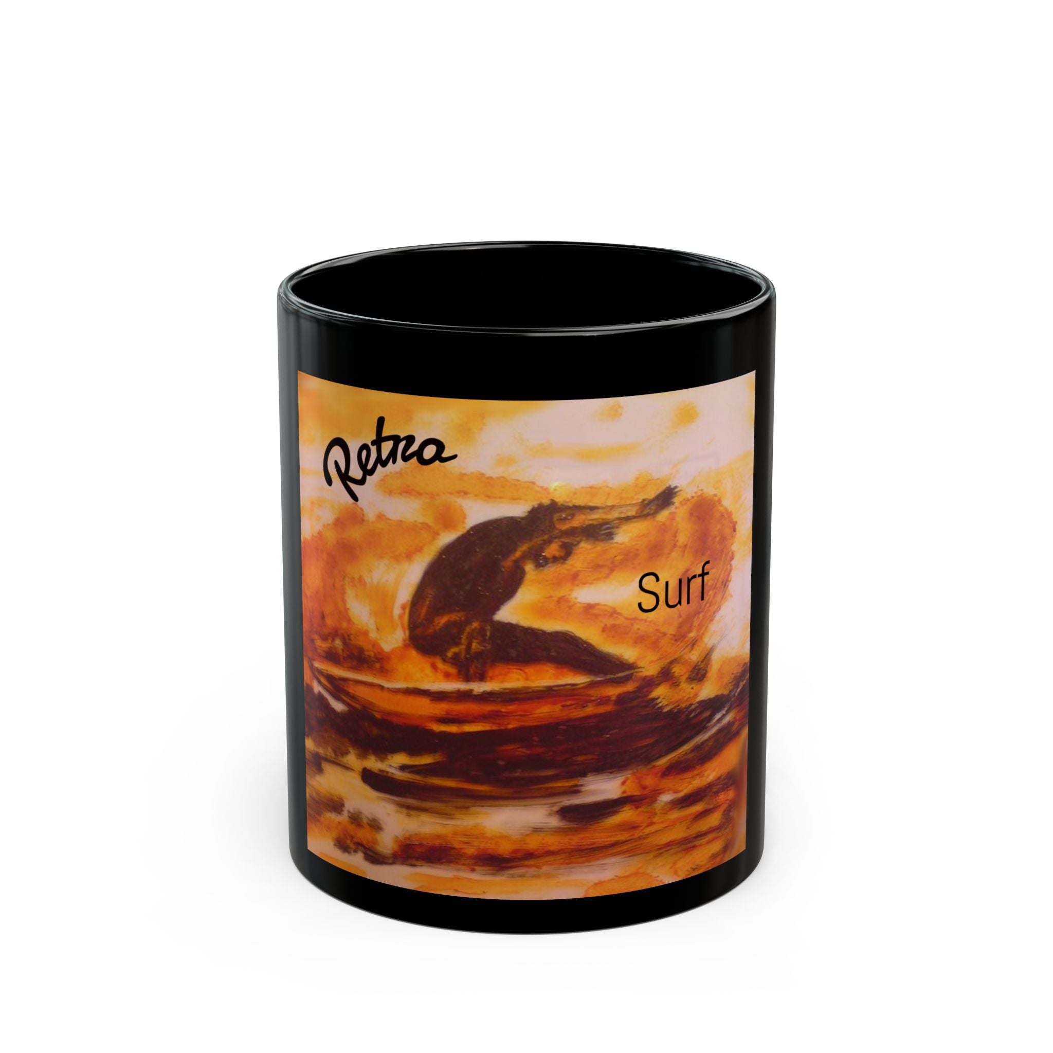 Retro Surf Black Mug — Vintage Surfing Sunset Design (11oz, 15oz)