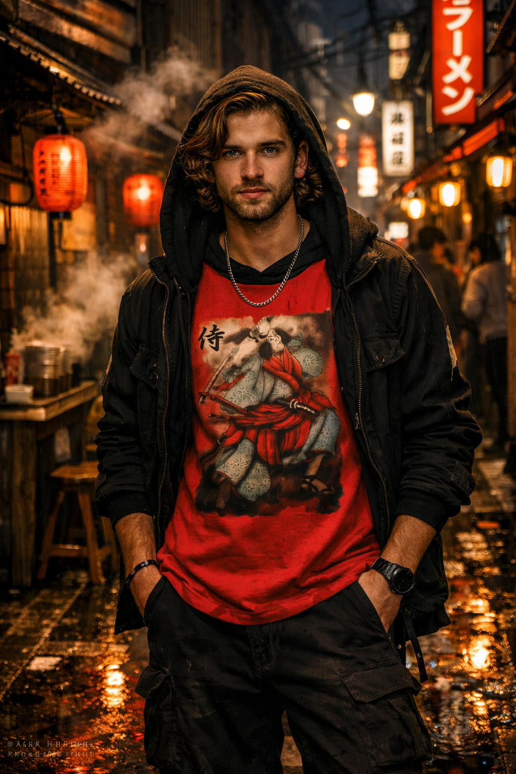 Samurai Warrior T-Shirt — Vintage Red Kimono Illustration (侍)